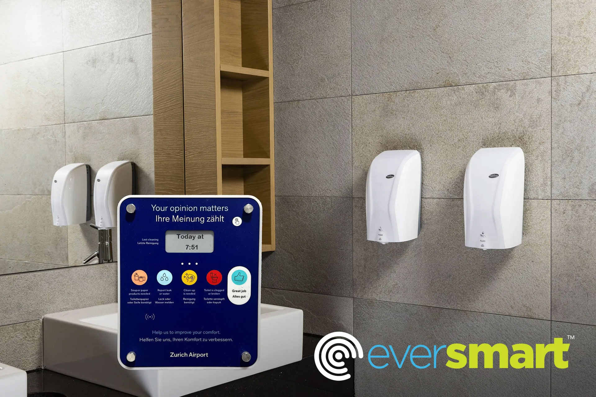 EverSmart Clean feedback terminal mounted in a washroom at Zurich Airport