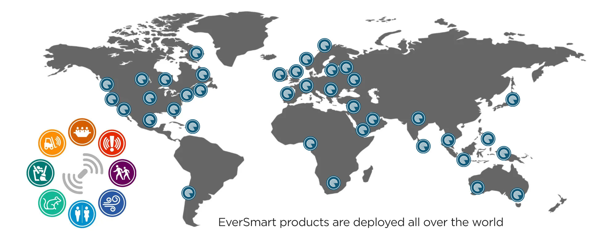 World map with EverSmart product icons showing deployments across the Americas, Europe, Africa, Asia and Australia