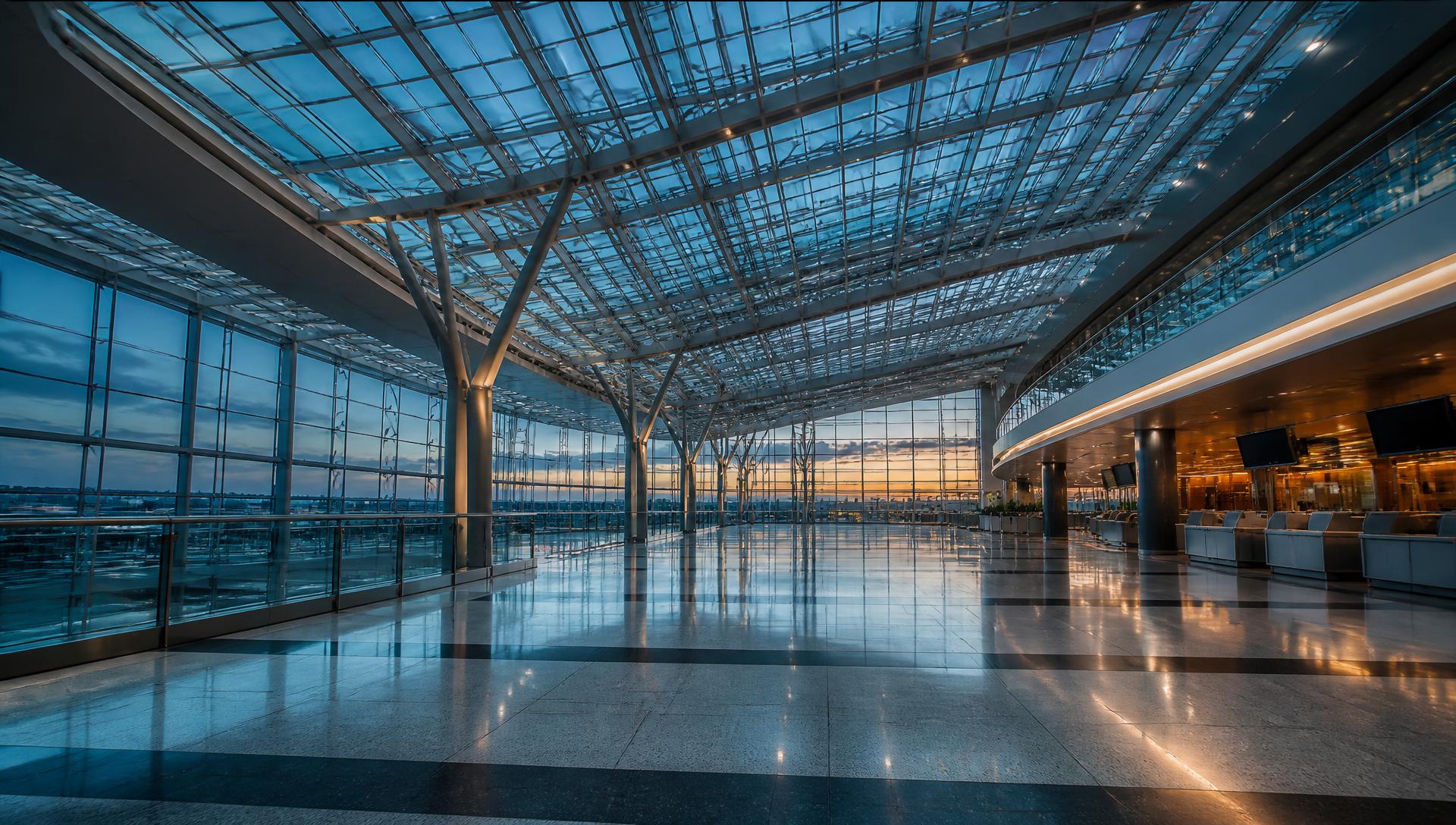 Empty airport terminal at dusk with polished floors and a glass roof